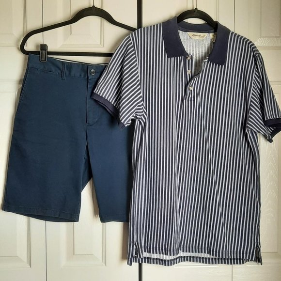 Men's Eddie Bauer Striped Navy Blue and White Cotton Polo Shirt Size Small - Picture 1 of 5